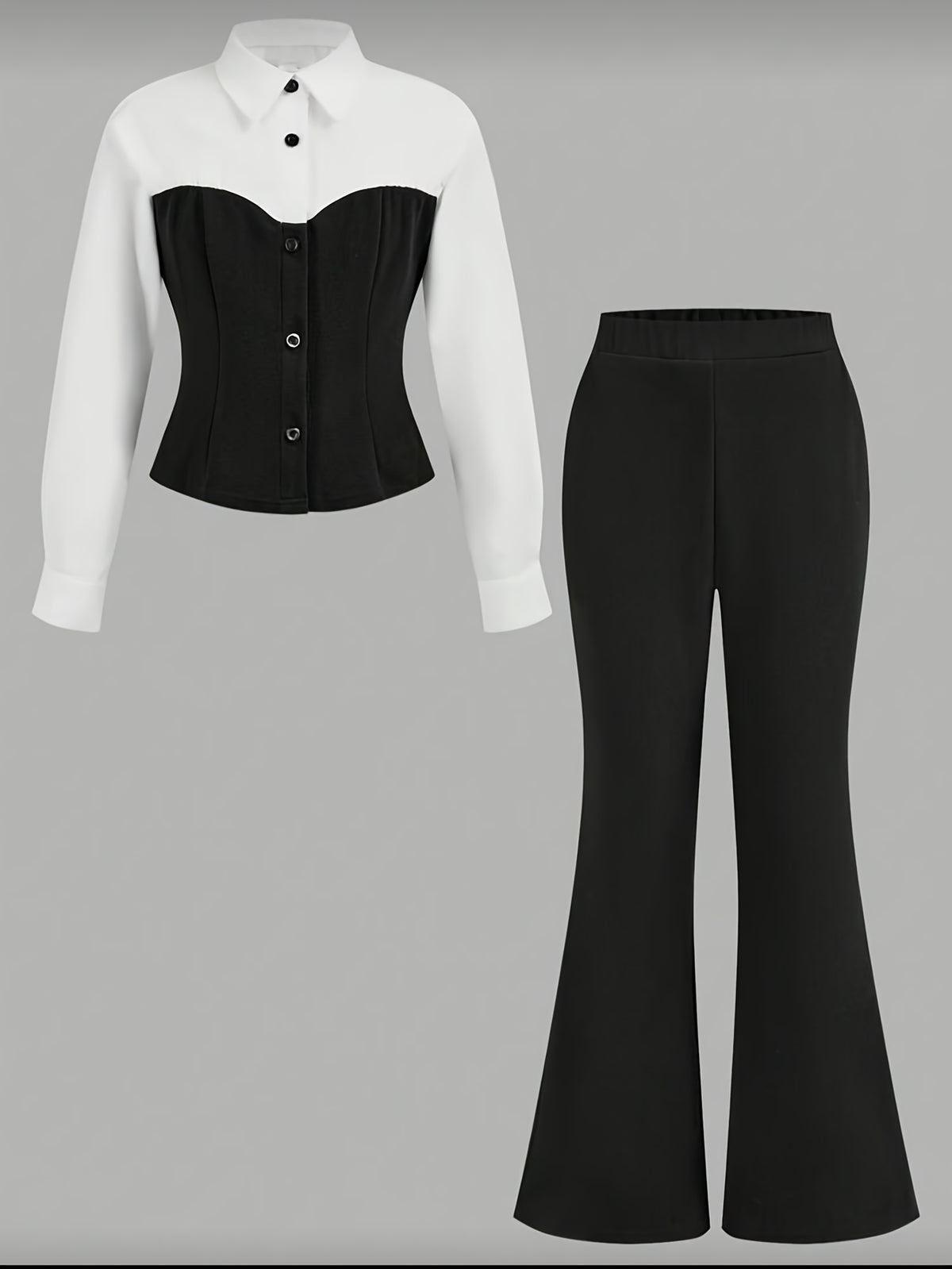 Girls Casual Black & White Patchwork Shirt and Flared Pants Set - ayq