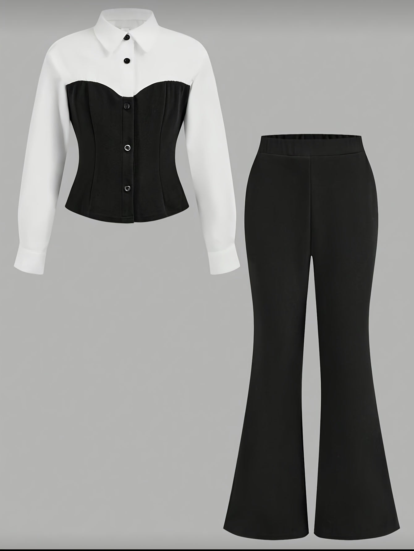 Girls' Casual Black & White Patchwork Long Sleeve Shirt Set