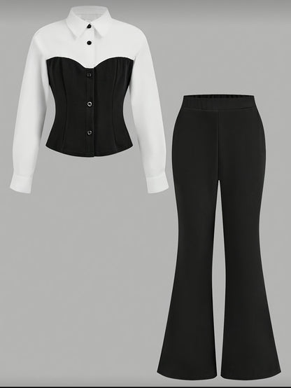 Girls' Casual Black & White Patchwork Long Sleeve Shirt Set
