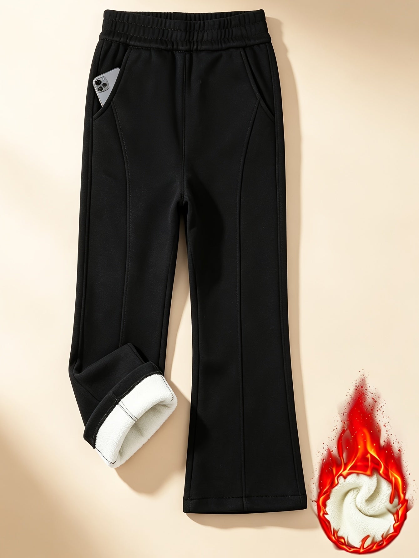 Girls' High-Waist Fleece Lined Flare Pants with Pockets