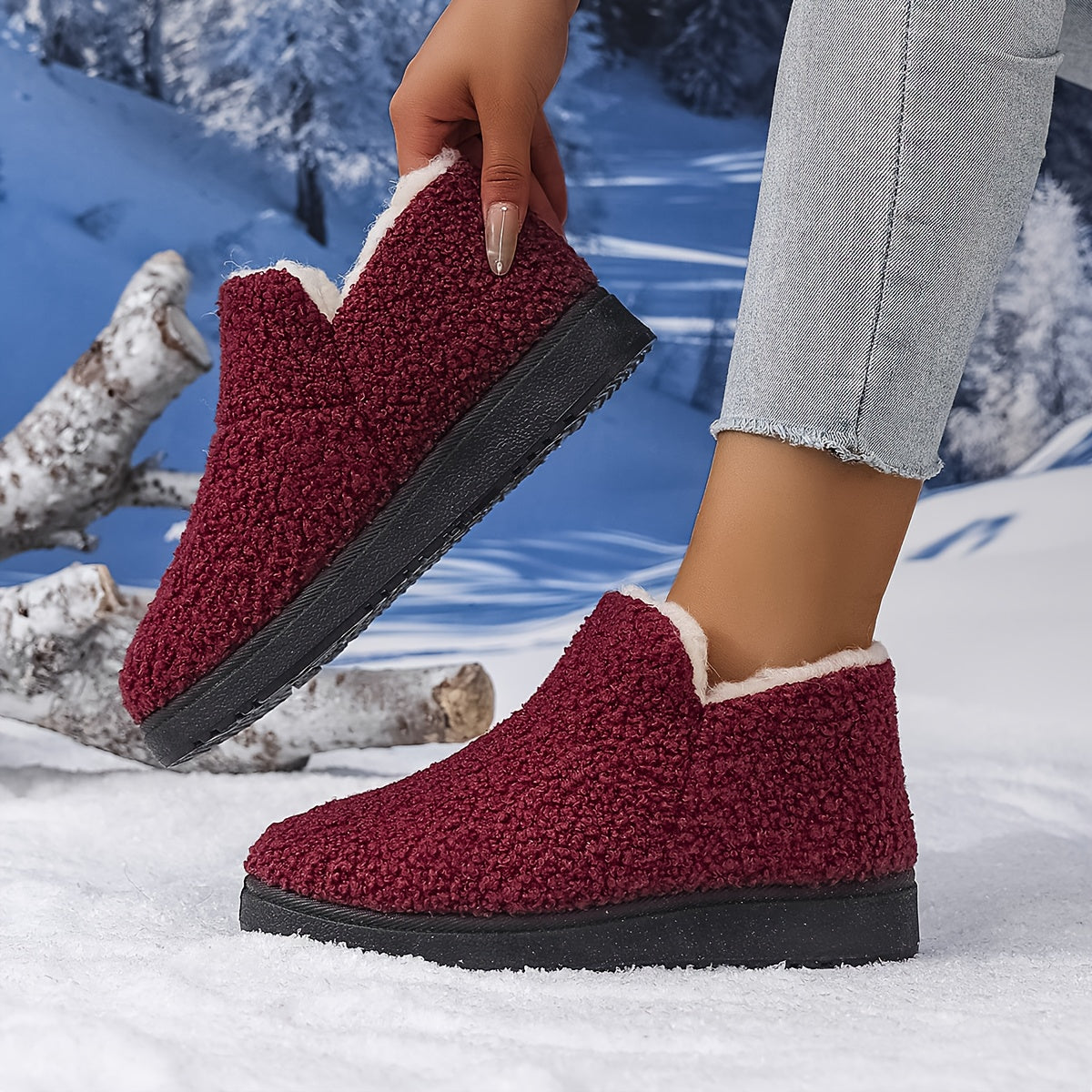 Women'S Plush Winter Slip-On Ankle Boots - Soft Fleece-Lined Low Heel Casual Shoes, Lightweight & Durable, Perfect for Y Days, Winter Footwear | Slipon Boots | Synthetic Cover Sole