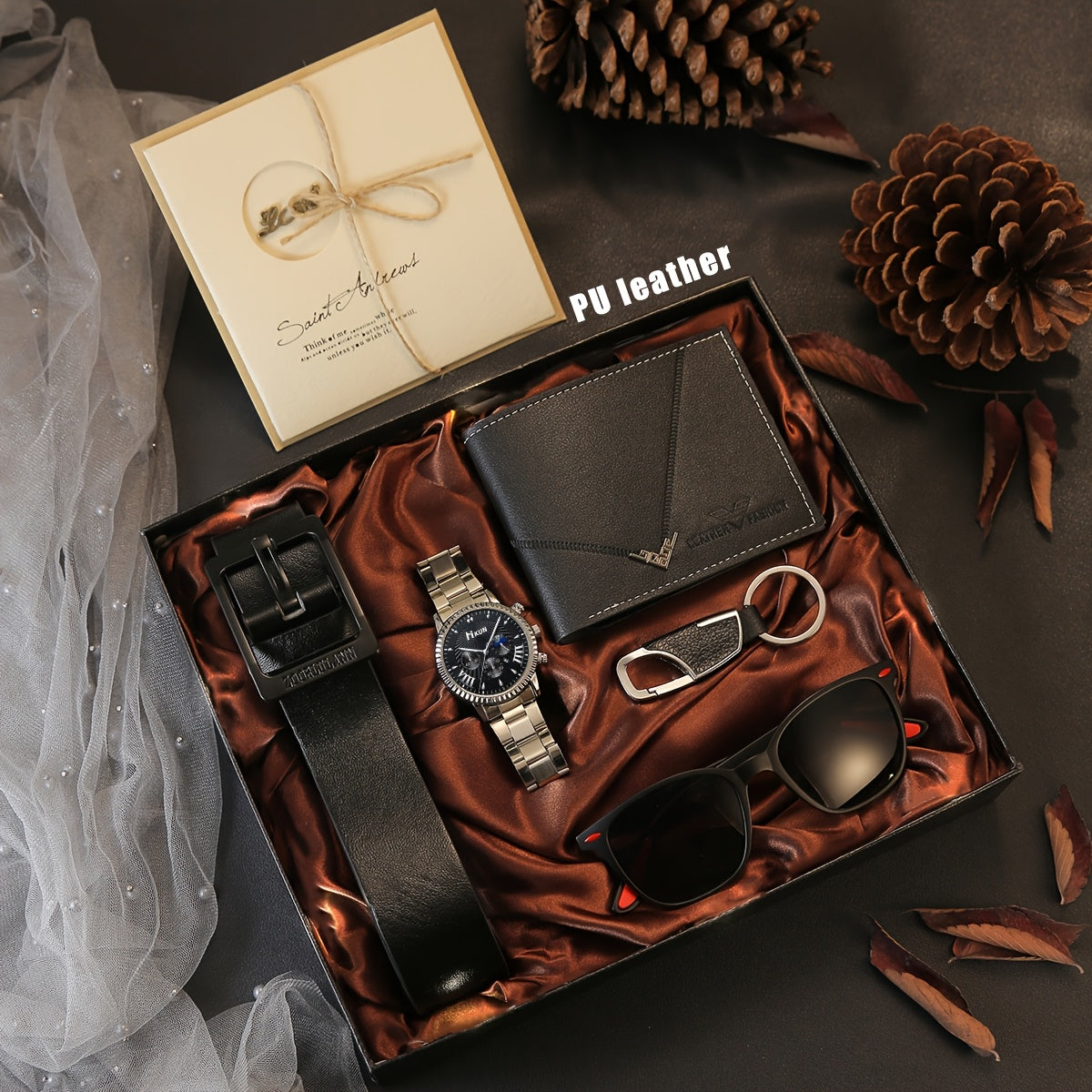 Men's Watch Six-piece Set, Alloy Wristwatch with Belt, Wallet, Glasses, Keychain and Greeting Card, Unique Temperament Makes You More Popular