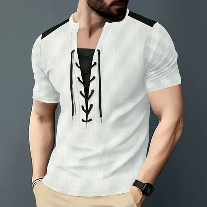 Men'S Casual Waffle Knit Short Sleeve T-Shirt with Drawstring Detail - Maroon  Black, Round Neck, Breathable Polyester Fabric for Summer Outings, Casual Weekend Wear   Round Neck Tee   Stylish Contrast Stitchin