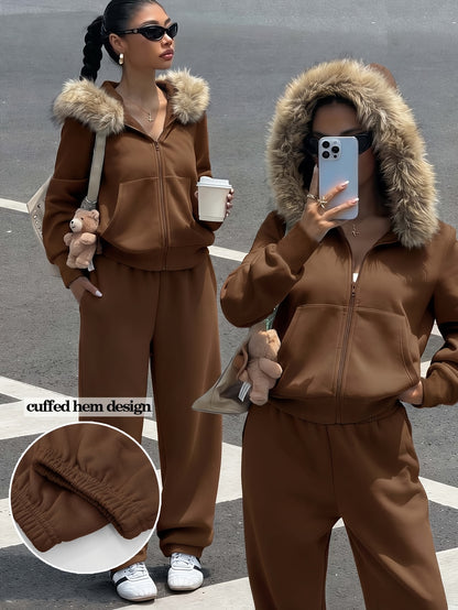 Women's Casual Polyester Hoodie & Wide-Leg Pants Set - ayq