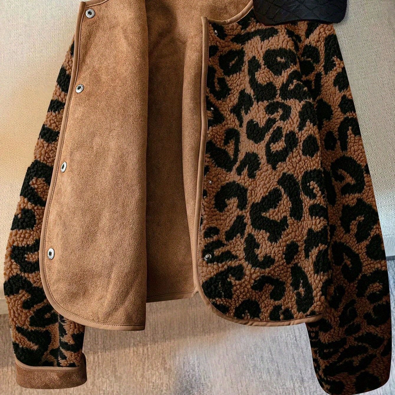 Women'S Elegant Leopard Print Long Sleeve Jacket - Cozy Winter Warmth, Non-Stretch Fabric, Regular Fit with Button Closure, Perfect for Fall & Winter Travel
