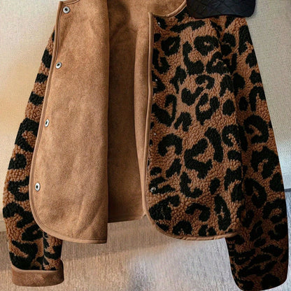 Women'S Elegant Leopard Print Long Sleeve Jacket - Cozy Winter Warmth, Non-Stretch Fabric, Regular Fit with Button Closure, Perfect for Fall & Winter Travel