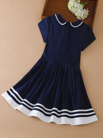 Girls' Summer Preppy Bow Dress with Sailor Collar and Pleated Skirt