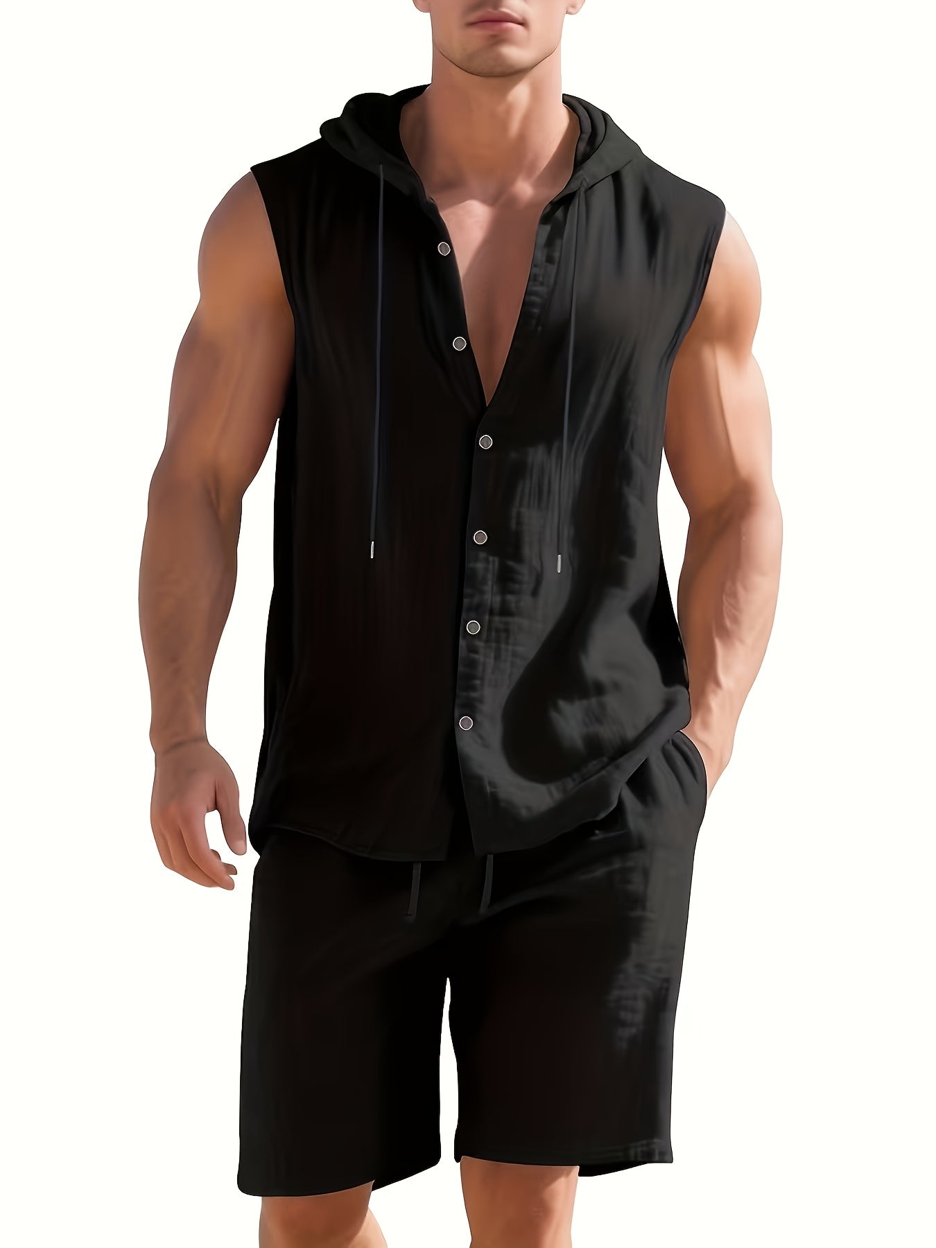 Men's Summer Linen Hooded Sleeveless Shirt & Shorts Set