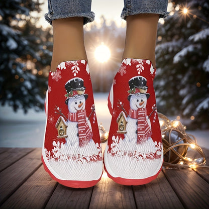 Women'S Slip-On Sneakers - Red & Snowman Print, Slip-On Closure, Cushioned Insole - All-Season Everyday & Formal Shoes - Easy-Clean Fabric Upper - Cozy Winter, Casual Footwear, Seasonal Fashion, Playful Design, Comfortable Fi