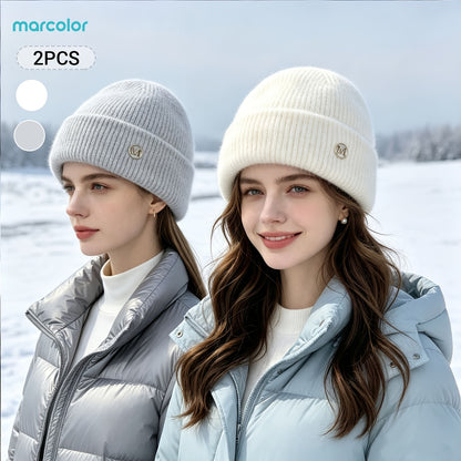 2-Pack Women's Ribbed Knit Beanie Hats with Metal Badge