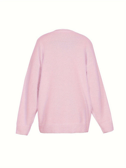 Plus Size - Women'S Cozy Yellow V-Neck Sweater with Pearl Buttons & Fleece-Lined Cuffs - Asymmetrical Hem, Geometric Pattern, Casual Winter Pullover for Casual Attire, Winter Apparel | Vneck Sweater | Pearl Button Details, Sw