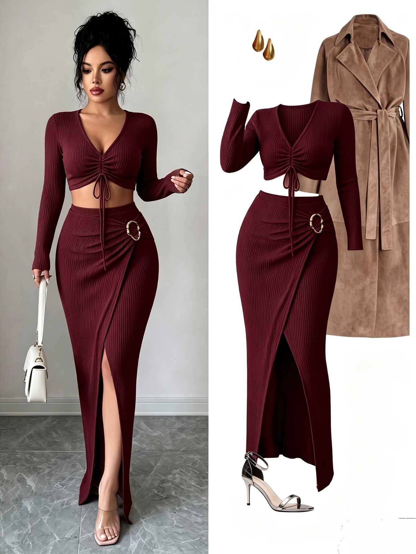 Women's High-Waist Knitwear Set V-Neck Spring/Fall Outfit
