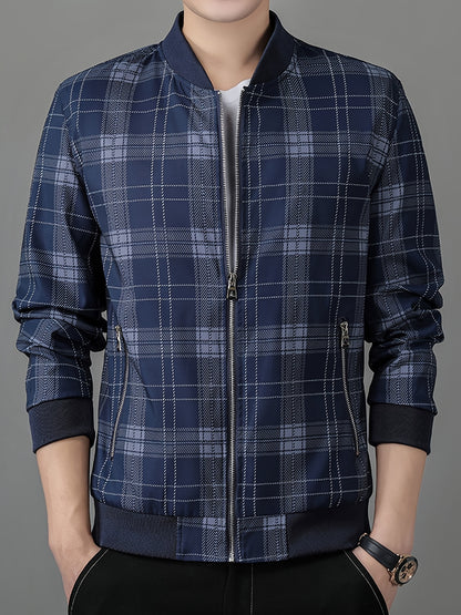 Men's Lightweight Baseball Jacket - Navy Blue & Black Plaid Zip-Up Coat, Non-Stretch Fabric for Formal & Casual Outfits - Spring/Fall Outerwear Jacket, Outdoor Wear, Classic Collar, Quality Stitching, Stylish Coat, Fashioncon