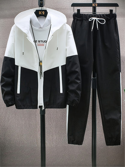 Men'S Casual Color Block Hoodie and Jogger Set, Long Sleeve, Regular Fit with Pockets, Suitable for Autumn and Winter