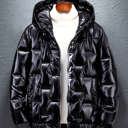 Men'S Winter Coat - Glossy Black Cold Weather Jacket, Non-Stretch Outer Shell, Zippered Pockets & Hooded Design for Formal & Everyday Use - Insulated Outerwear for Everyday & Special Occasions, Winter Jacket, Sleek Appearance