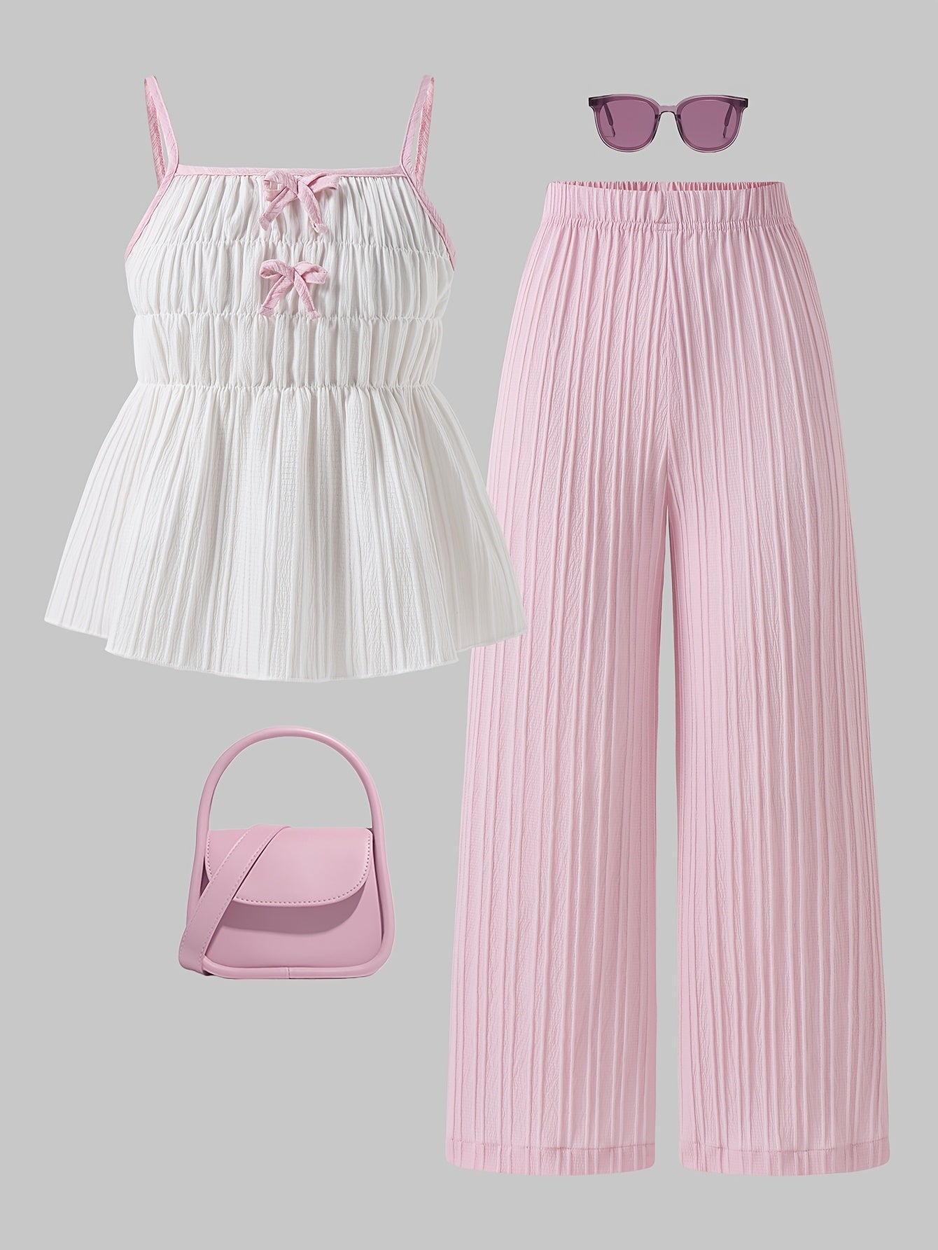 Girls' Casual Bow Tie Camisole & Solid Pants Set for Spring-Summer