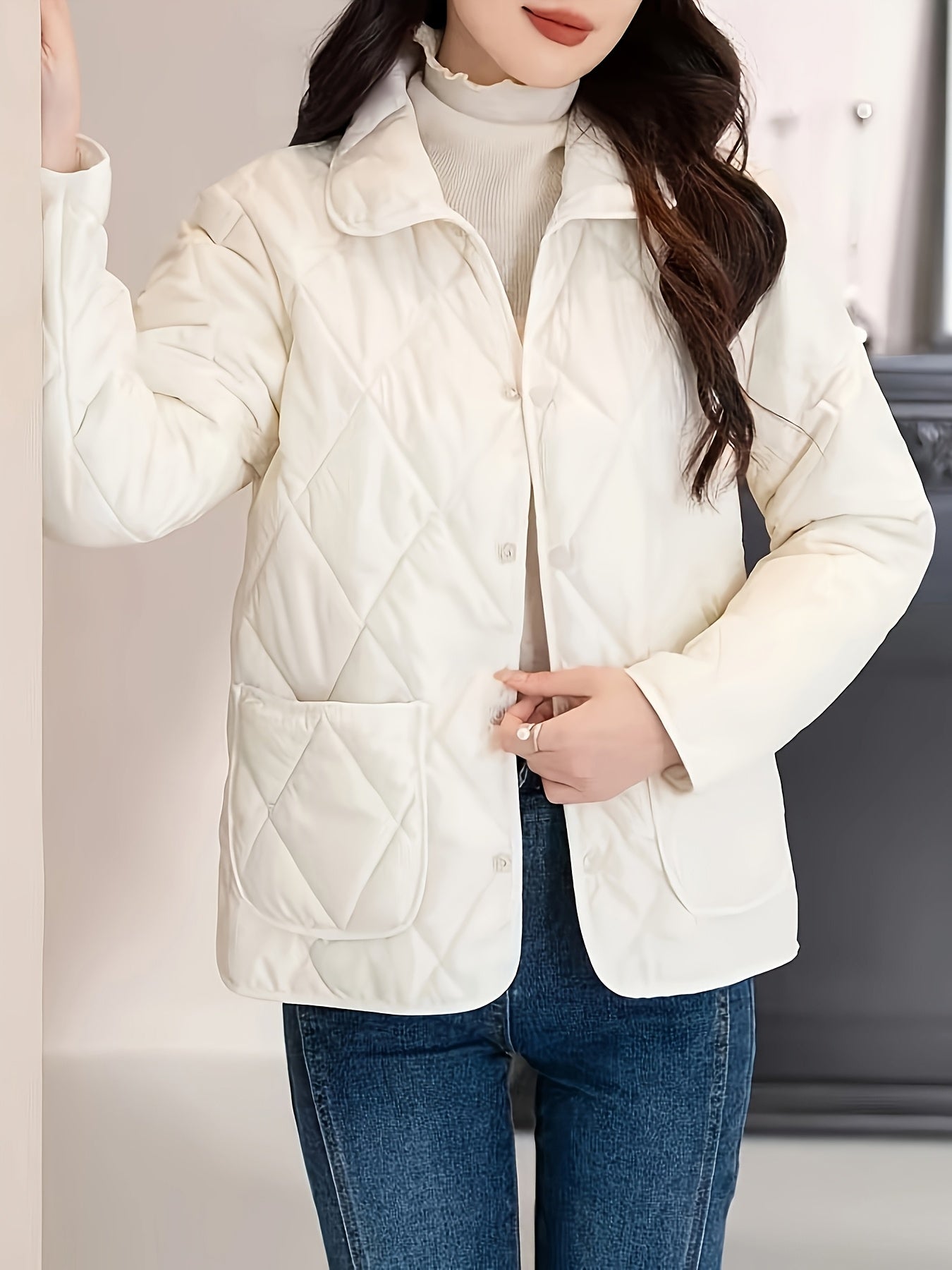 Women'S Elegant Beige Quilted Jacket - Long Sleeve, Button-Up, Stylish Autumn & Winter Coat, 100% Polyester Non-Stretch Fabric, Casual Style, Regular Fit, Autumn Winter Jacket|Quilted Jacket|Stylish Jacket
