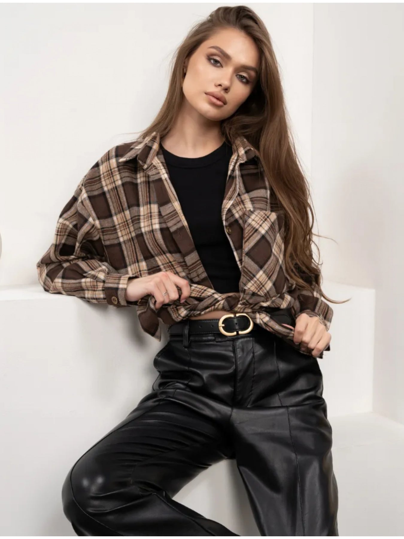 Plaid Long Sleeve Women's Casual Blouse with Lapel Collar