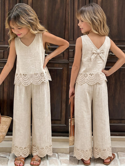 Girls' Sleeveless Lace Trim Tank Top and Wide-Leg Pants Set