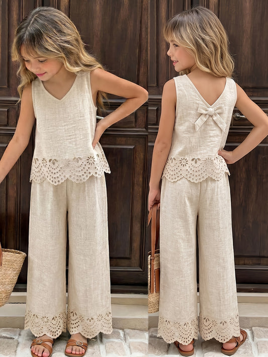 Girls' Sleeveless Lace Trim Tank Top and Wide-Leg Pants Set
