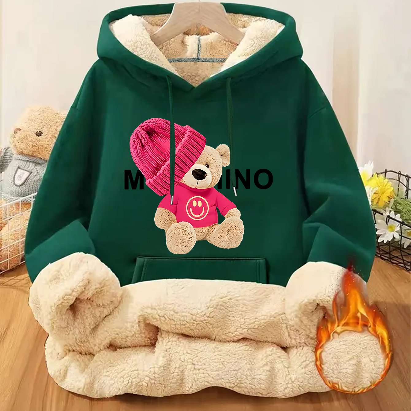 Women'S Thick Fleece Hooded Sweatshirt with Cute Bear Print & Plush - Cozy Winter Warmth, Drawstring Hood & Pockets, Casual Retro Style, Machine Washable For Fall/winter Commuting & Daily Wear, Winter Sweatshirt, Seasonal Fas