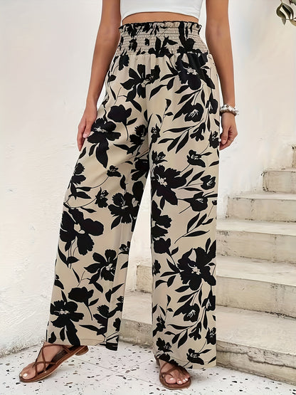 Women's Floral Wide-Leg Pants - High-Rise, Loose Fit, Lightweight