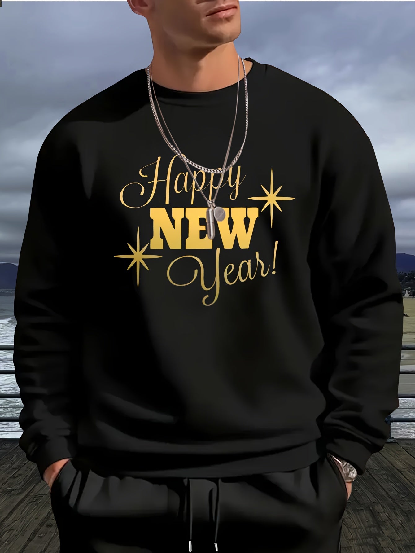 Men's Happy New Year Sweater - Loose Fit Round Neck Pullover Shirt with Golden Script, Light Grey & Machine Washable Casual Party Outfit for Everyday & Celebration Wear, Cute Sweaters, Festive Apparel, Festive Design, Durable