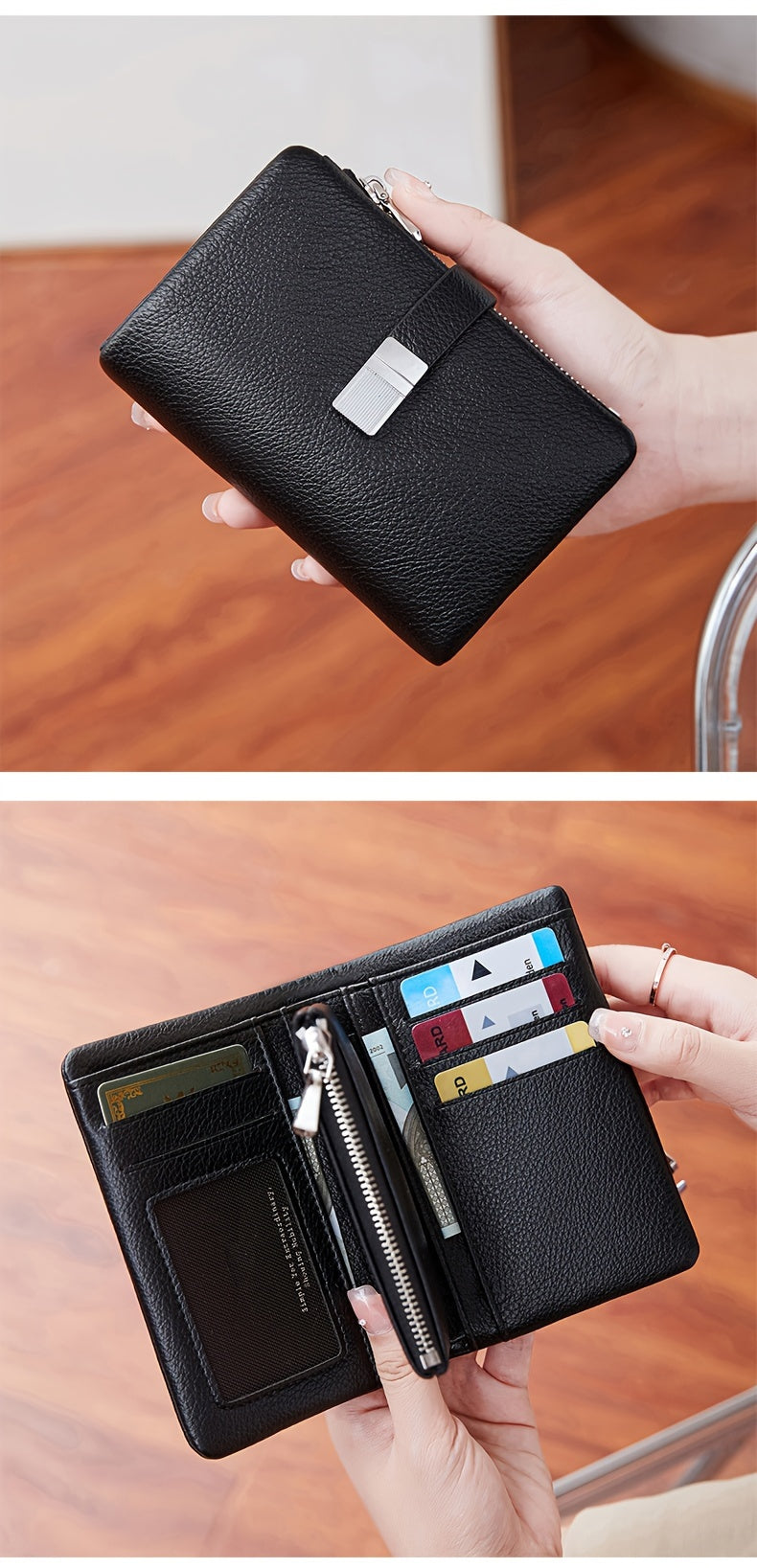A Compact Trifold Wallet Made of Soft PU in a Solid Color, Featuring Metal Accents. It Includes a Zippered Coin Pocket, Card Slots, And an ID Window, Suitable for Credit Cards, ID Cards, Cash, And Coins. This Modern, Lightwei
