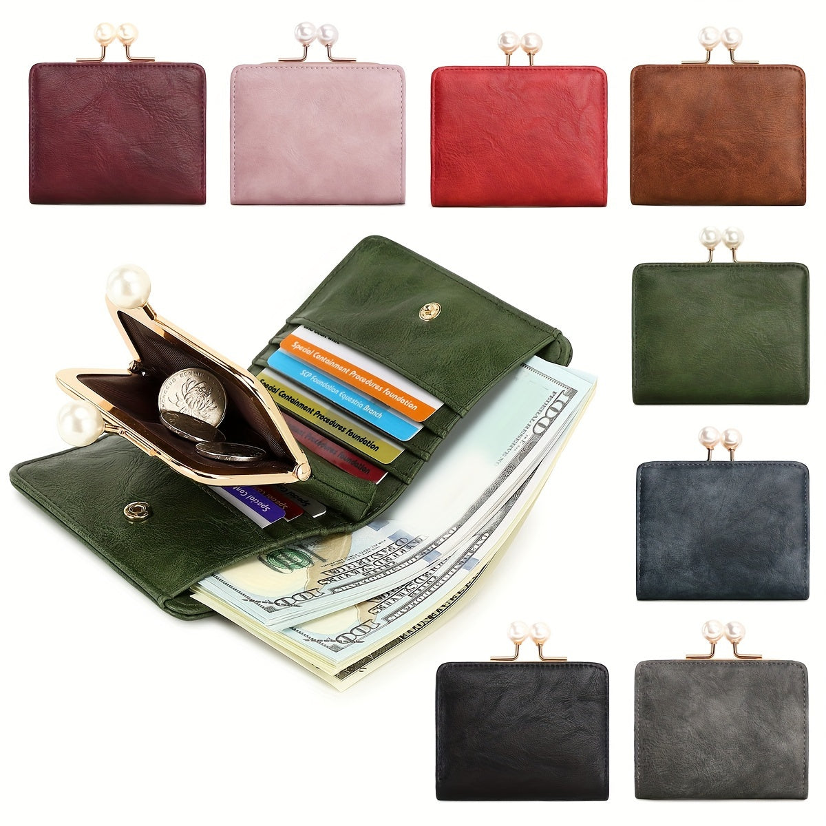 Women's Wallet Short Compact Three Layer LargeCapacity Retro Pearl Wallet High Quality PU Multi Card Seat/Coin ZeroWallet