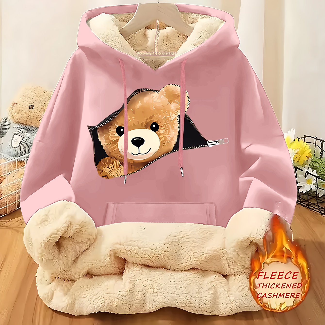 Women'S Plush Fleece-Lined Hooded Sweatshirt with Bear Print & Zipper Closure - Cozy Winter Warmth, / Color Block Design, Soft Fleece Fabric, Casual Pullover for Fall & Winter, Autumn Winter Apparel | Hooded Sweatshirt | Zipp