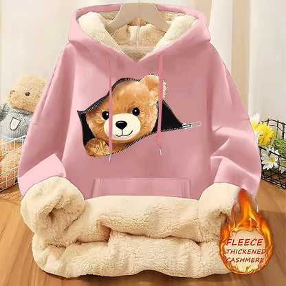 Women'S Plush Fleece-Lined Hooded Sweatshirt with Bear Print & Zipper Closure - Cozy Winter Warmth, / Color Block Design, Soft Fleece Fabric, Casual Pullover for Fall & Winter, Autumn Winter Apparel | Hooded Sweatshirt | Zipp