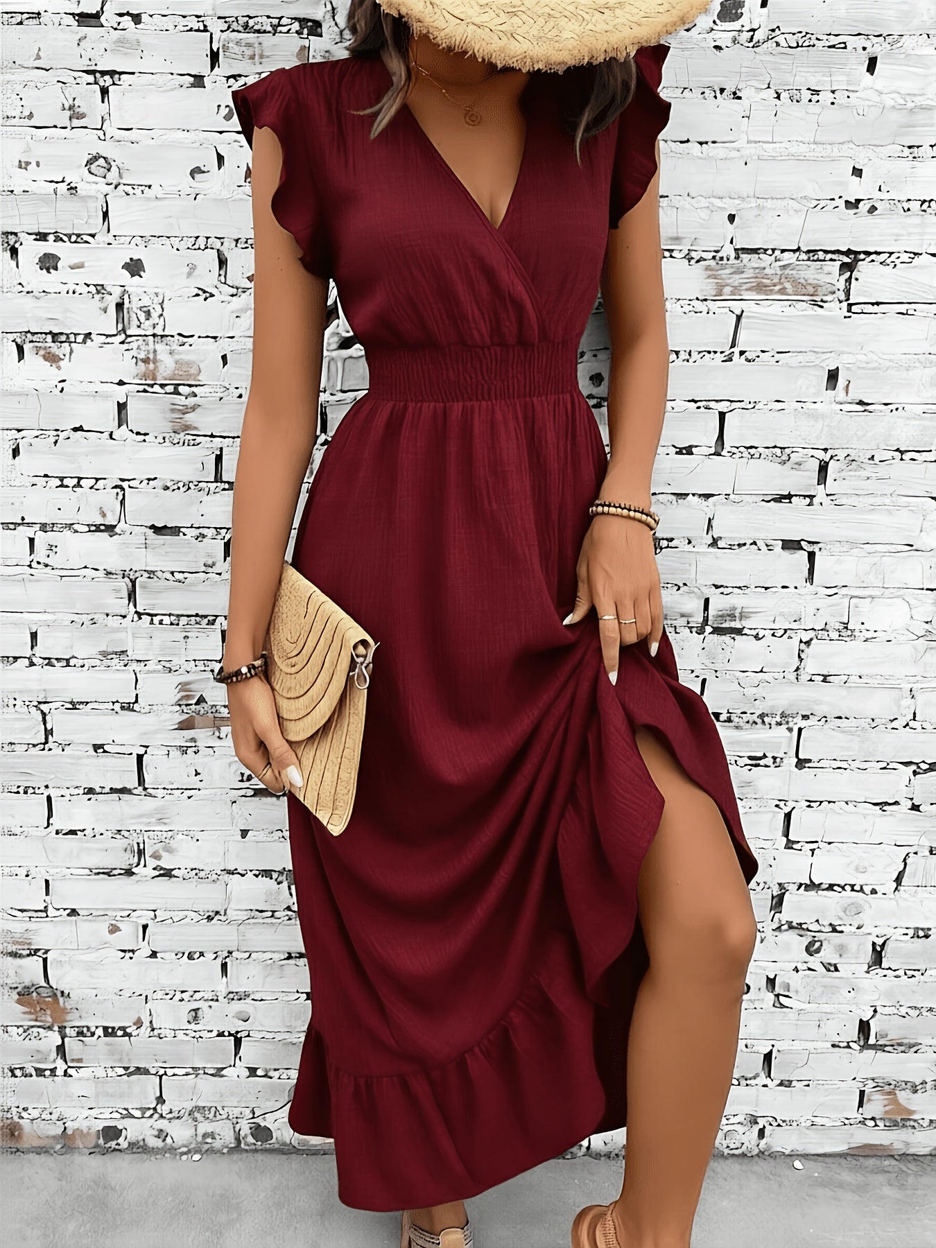 Women's Casual Waist-Cinching Maxi Dress with V-Neck