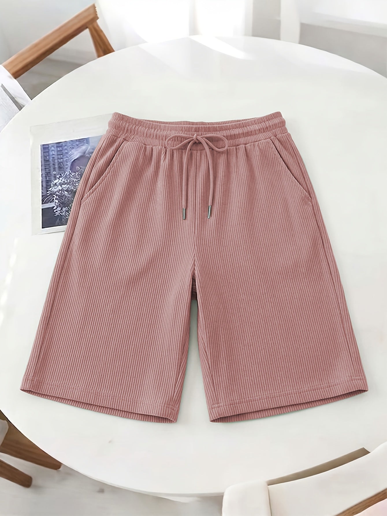 Women’s Casual Loose-Fit Corduroy 5-Point Pants with Elastic Waist