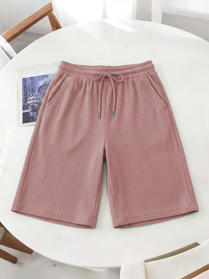 Women’s Casual Loose-Fit Corduroy 5-Point Pants with Elastic Waist