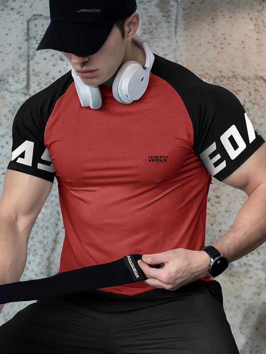 Men's Quick-Dry Breathable Mesh Sports T-Shirt - Summer Gym Workout Top with Contrast Black  White Sleeves  for Man Letter Print, Slim Fit for Running Training Casual Wear, Breathable Running Gear   Sporty Casual Tee   Mesh