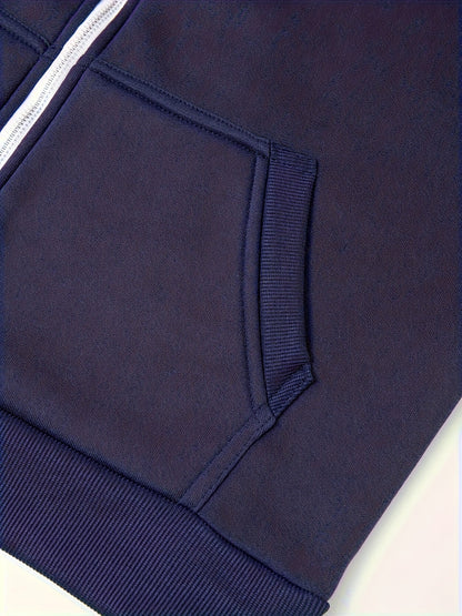 Men'S Navy Blue Hooded Zip-Up Sweatshirt - Casual Long Sleeve Pullover with Front Pockets, Soft Polyester Fabric, Perfect for Fall/Winter, Everyday Comfort Apparel|Hooded Sweatshirt|Zippered Hoodie