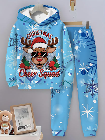 2pcs Boys' Christmas Reindeer Print Hoodie & Pants Set - Cozy Fleece-Lined Casual Sportswear with "Merry Christmas" Design, Perfect for Holiday Gifts & Outdoor Activities, Christmas Clothes, for Outdoor, Sportswear Suit For B