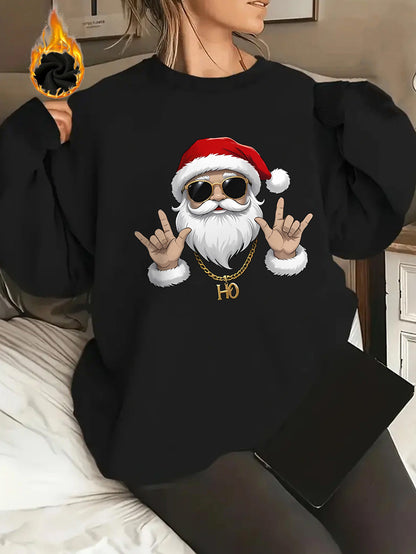 Women's Elegant Christmas Santa Claus Graphic Print Fleece-Lined Sweatshirt - Long Sleeve Round Neck Pullover with Golden Accents, Machine Washable Holiday Party Casual Top, Christmas Sweatshirt, Festive Clothing, Hiphop Styl