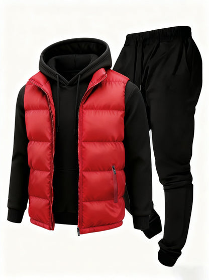 3pcs Vest Casual Set for Men Men's Casual Cartoon Drawstring Pocket Hoodie and Sports Drawstring Trousers Matching Set