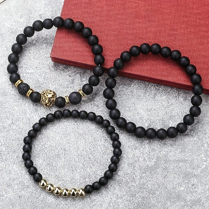 3pcs Retro Punk Style Lion Head Bracelets, Men's Stretchy Beaded Bracelets Set