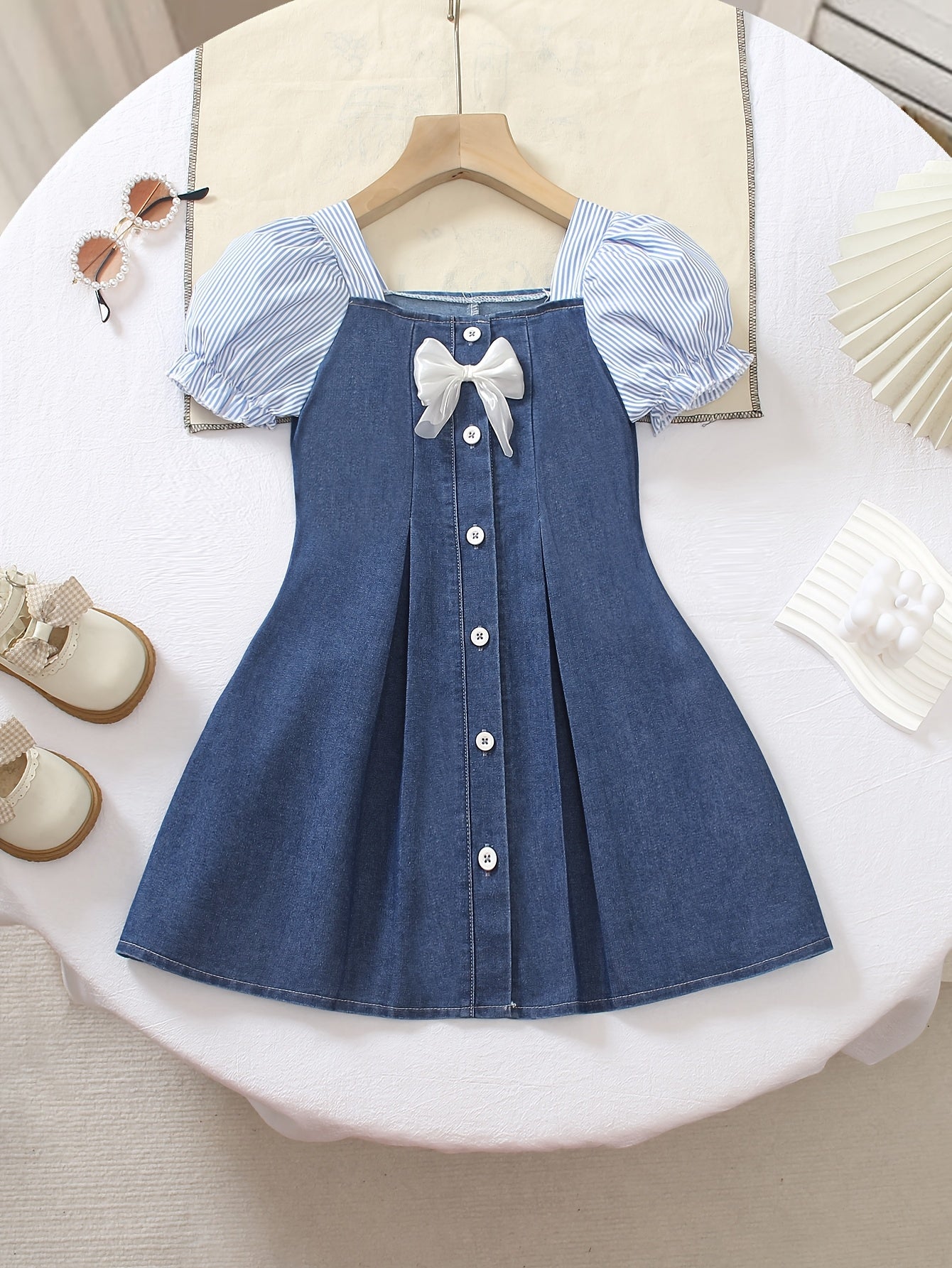 Girls' Casual Knee-Length Denim Dress with Bow & Square Neck
