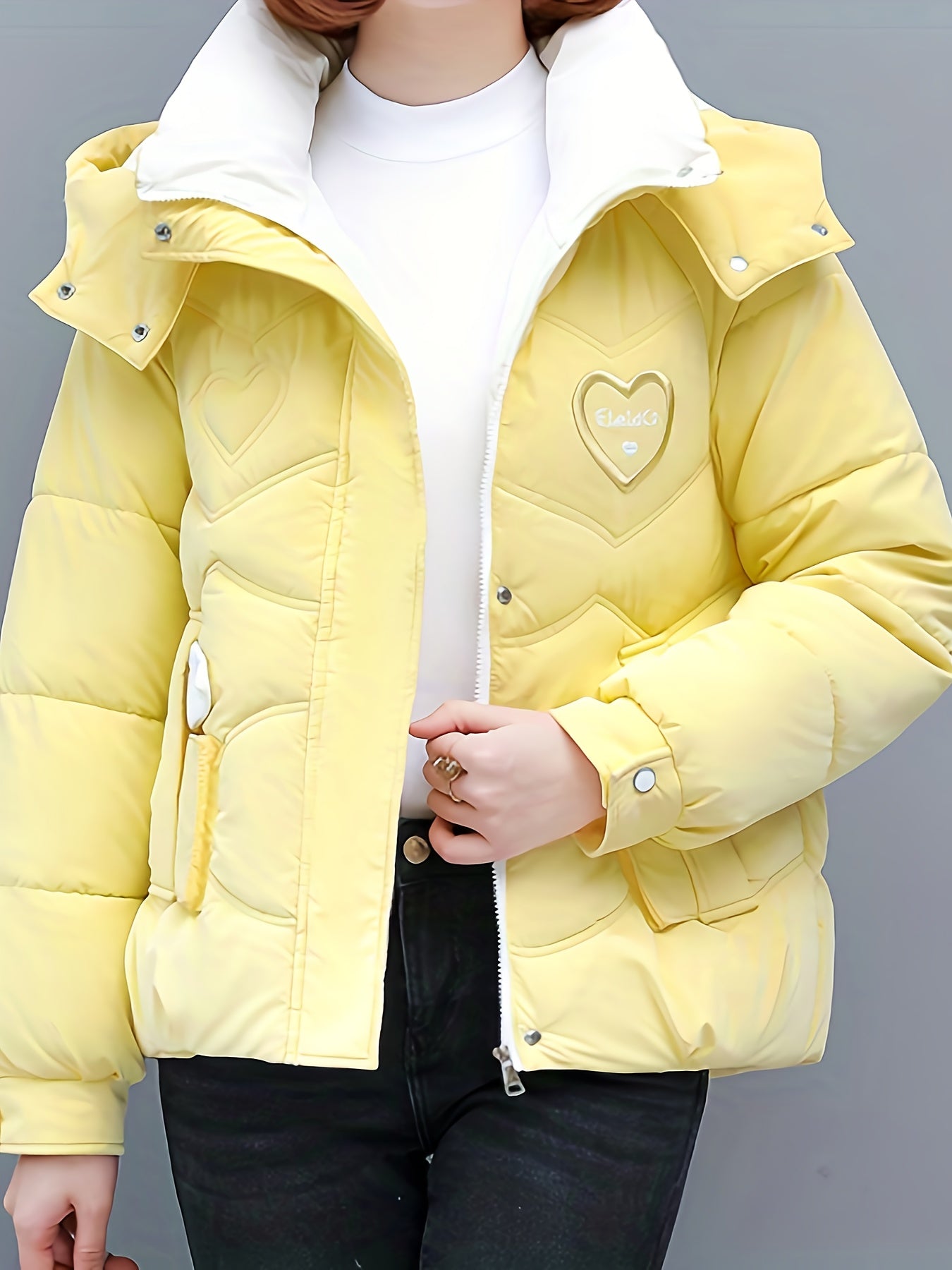 Women's Winter Hooded Jacket - Stylish Beige & White Zip-Up Coat with Heart Design, Warm Polyester Outerwear for Casual or Chic Looks, Winter Jacket