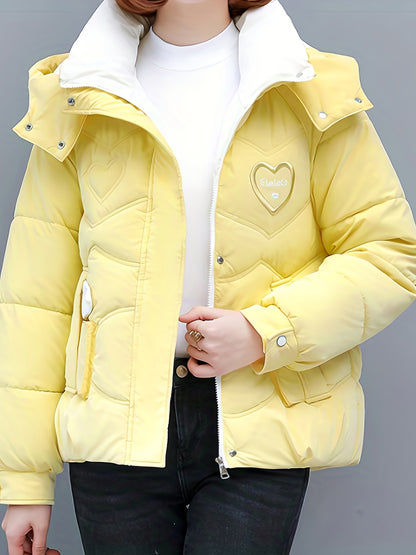 Women's Winter Hooded Jacket - Stylish Beige & White Zip-Up Coat with Heart Design, Warm Polyester Outerwear for Casual or Chic Looks, Winter Jacket