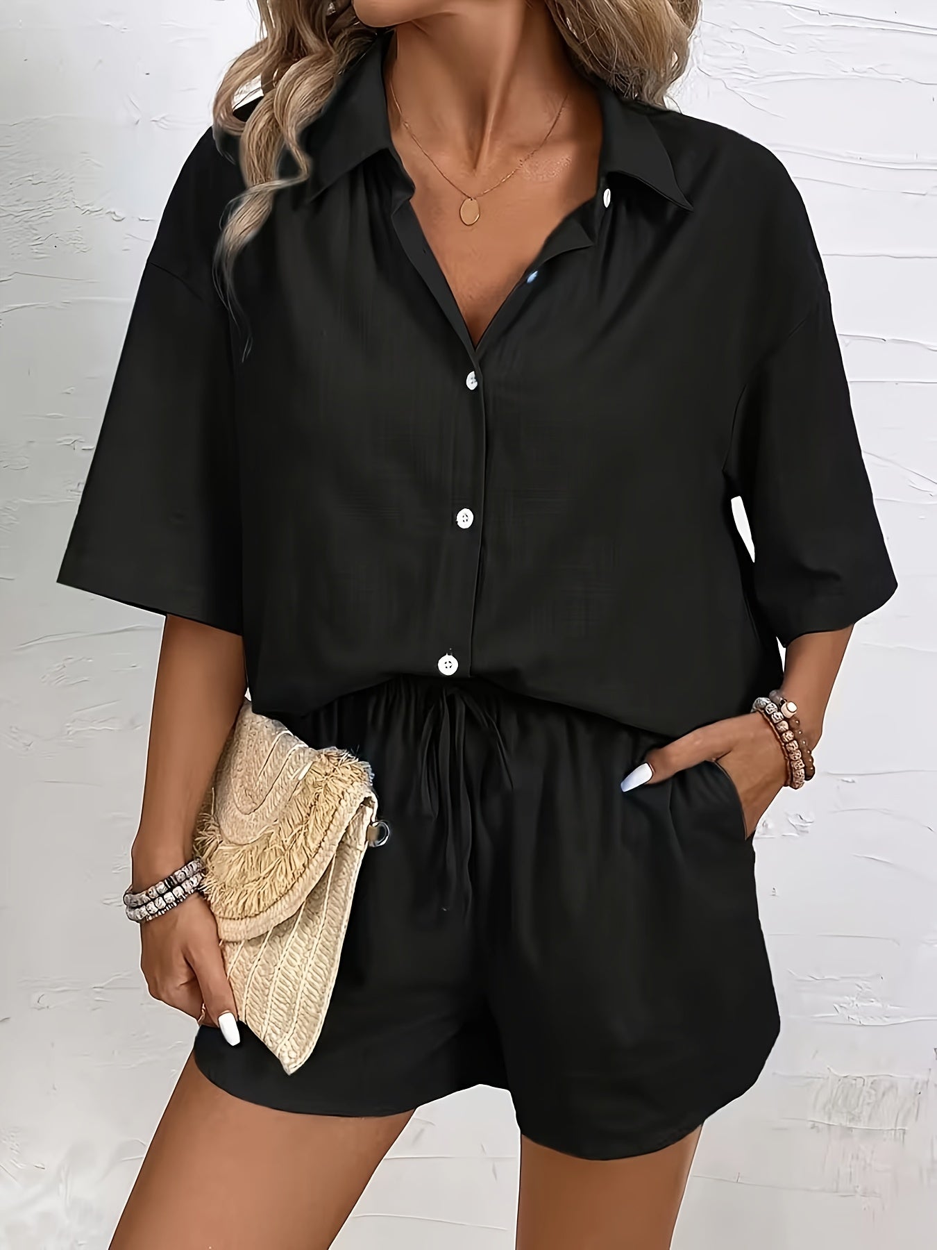 Women's Solid Color Polo Shirt and Shorts Set for Spring Summer