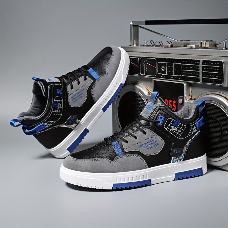 Men's Skate Shoes with Good Grip  Breathable Design - PU Upper, Cushioned PVC Sole, Black/Blue Letter Pattern Lace-Up Sneakers for All-Season Casual  Sports Wear, Allseason Shoes   Modern Casual Shoes   Comfortable Wear