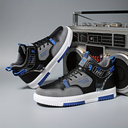 Men's Skate Shoes with Good Grip  Breathable Design - PU Upper, Cushioned PVC Sole, Black/Blue Letter Pattern Lace-Up Sneakers for All-Season Casual  Sports Wear, Allseason Shoes   Modern Casual Shoes   Comfortable Wear