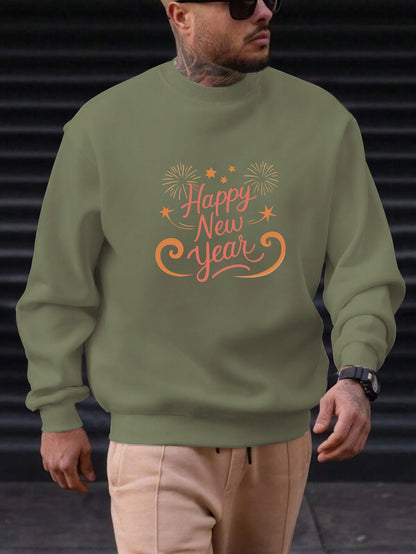 Men'S Happy New Year Sweatshirt - Light Grey with Orange Lettering - Regular Fit Crewneck Pullover for New Year'S Eve, NYE Parties & Casual Attire - Non-Permanent Celebration Sweater for Everyday & Special Occasions, New Year