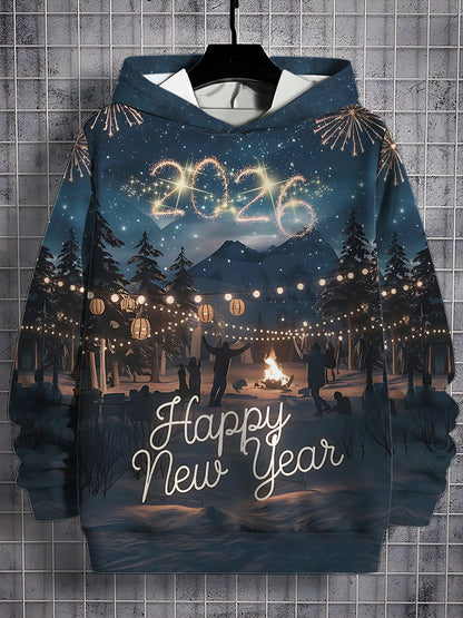 Men'S 2026 New Year'S Eve Bonfire Fireworks Hooded Sweatshirt - 100% Polyester, Sporty & Functional Style with Happy New Year Print, Casual Pullover for Fitness & Outdoor, New Year Sweatshirt, Outdoor Clothing, Sporty Design,