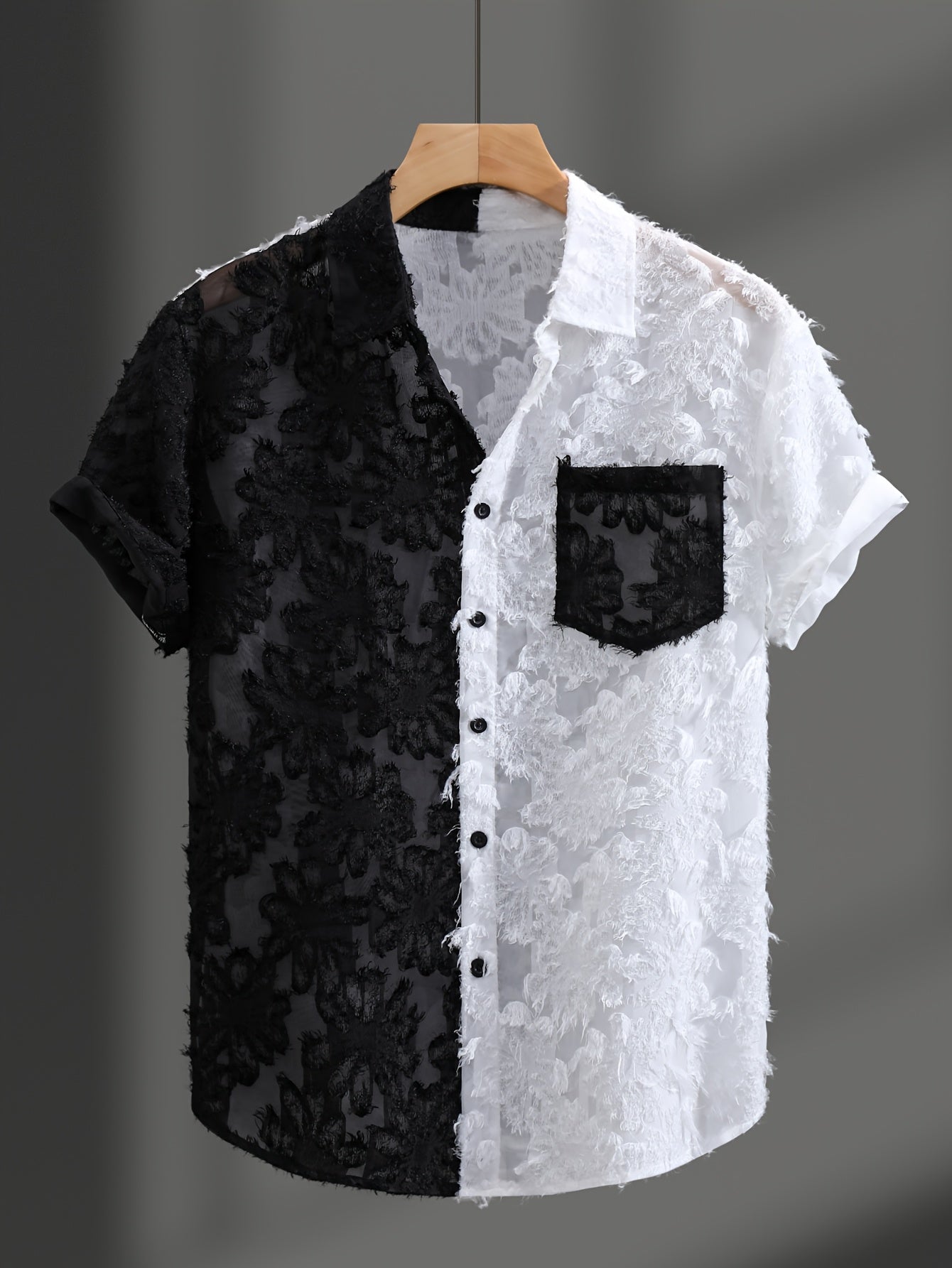Men's Casual Sheer Lapel Collar Short Sleeve Shirt for Summer