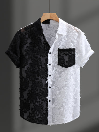 Men's Casual Sheer Lapel Collar Short Sleeve Shirt for Summer